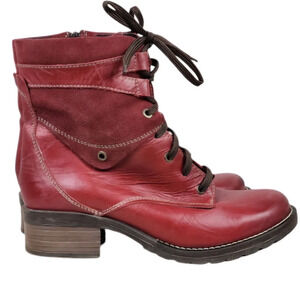 Dromedaris Kara Lace Up Red Leather Ankle Boots Size 41 Suede Accents